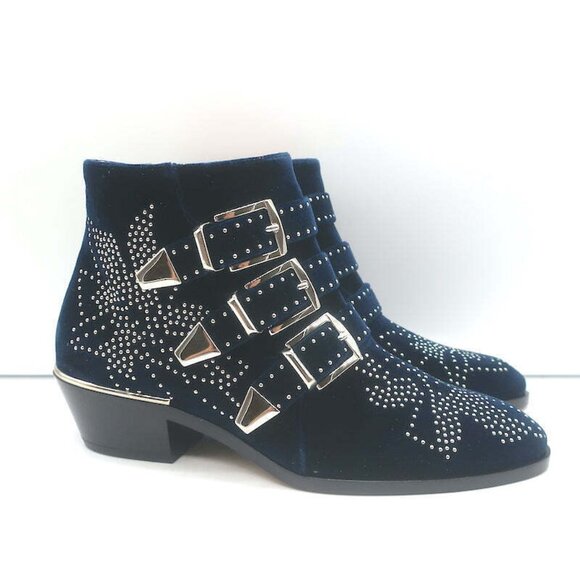 Chloe Susanna Studded Velvet Ankle Boots Navy Size 35.5 Buckle Booties NEW - Picture 3 of 11